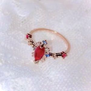 Gold Ring with Tiny Crosses, and Ruby Red & Blue Rhinestone Jewels NEVER WORN!
